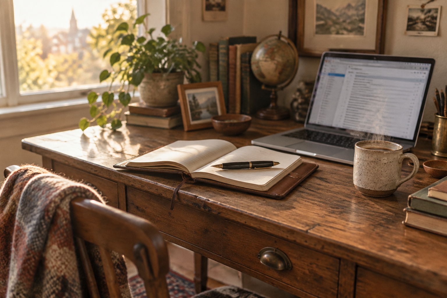 A home office desk with an open diary, a laptop, and morning coffee